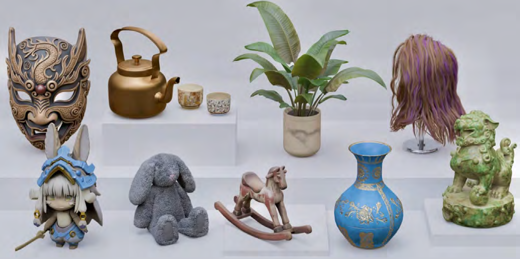 F-RNG complete asset scene with relightable objects and complex materials